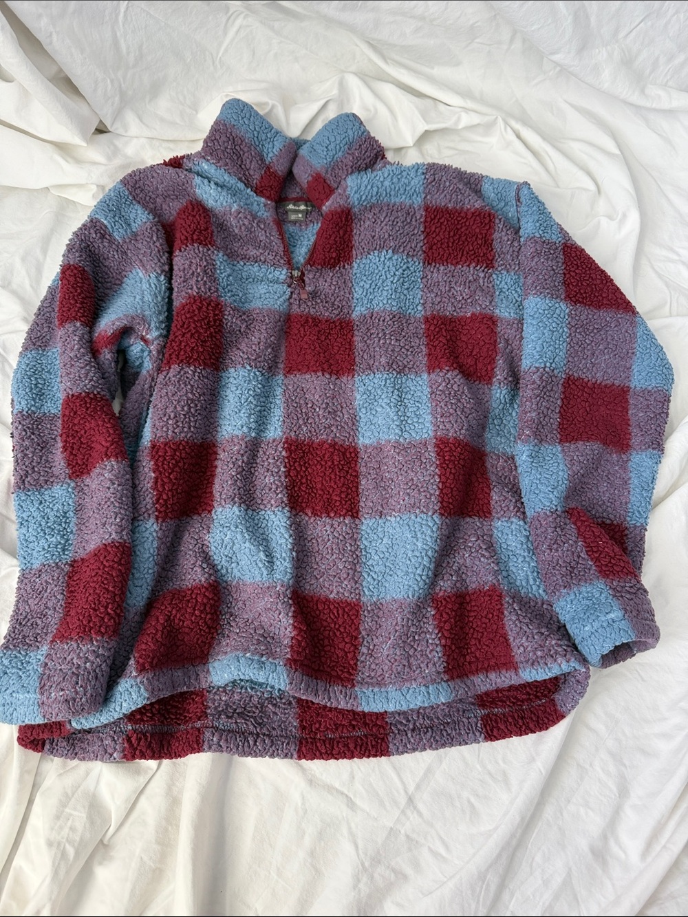 Eddie Bauer Cozy Plush Check Pullover 1/4 zip Sweater - Blue & Burgundy
